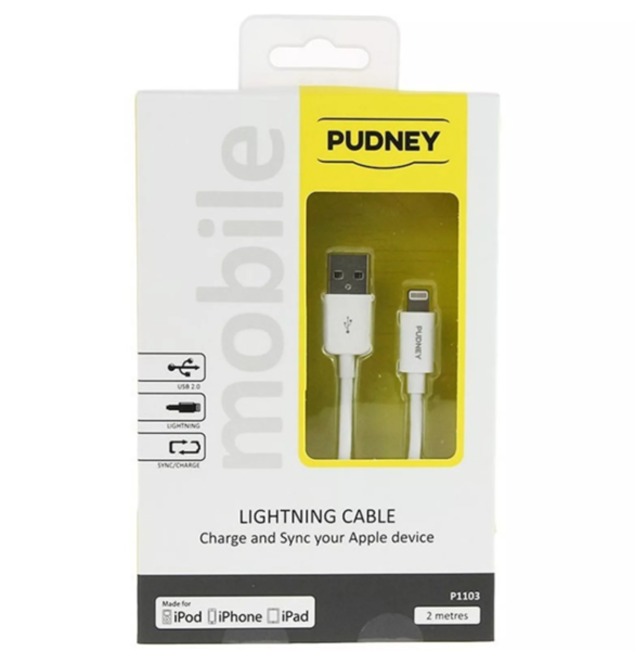 P1101   pudney usb a plug to lightning plug 1 metre white