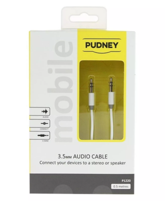 P1221   pudney 3.5mm stereo plug to 3.5mm stereo plug 1 metre white