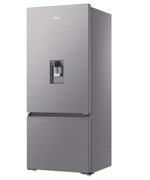 Hrf420bhs   haier bottom mount fridge freezer 431l with non plumbed water dispenser satina %282%29