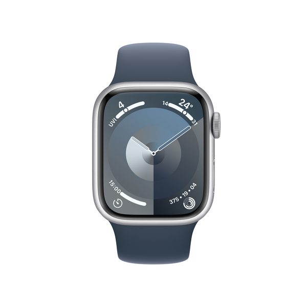 Apple watch series 9 gps 41mm silver aluminium storm blue sport band pdp image position 2  anz